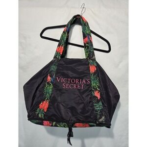 Victoria's Secret Packable Weekender Tote Gym Bag Black W Tropical Floral Handle